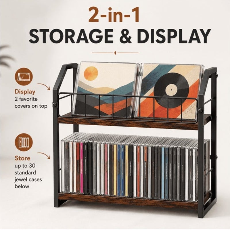 BRAND NEW ~ 2-Tier Wood & Metal CD Storage Shelf Desktop Media Display Rack