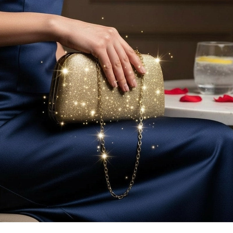 NWT Sparkly Gold Glitter Clutch Crossbody Shoulder Bag Hardshell Evening Purse