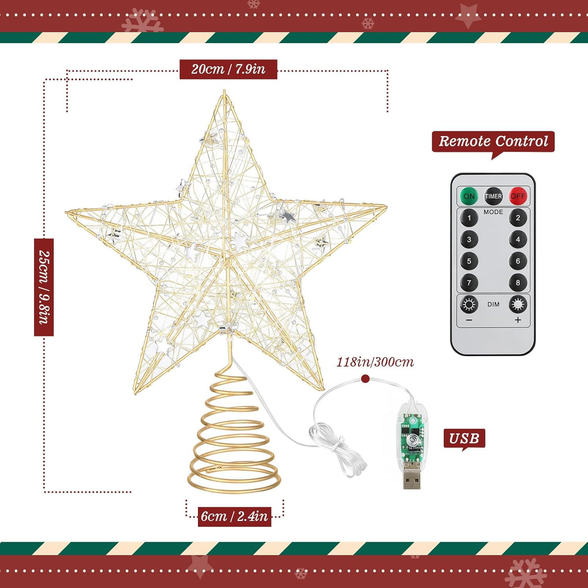 BRAND NEW ~ Lighted Christmas Star Tree Topper 8 Lighting Modes & Remote ~ 9.8"