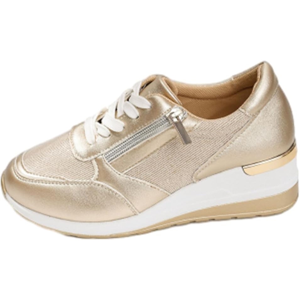 NWT ~ Women's Metallic Gold Wedge Sneakers Lace Up & Side Zipper ~ Size 10 1/2