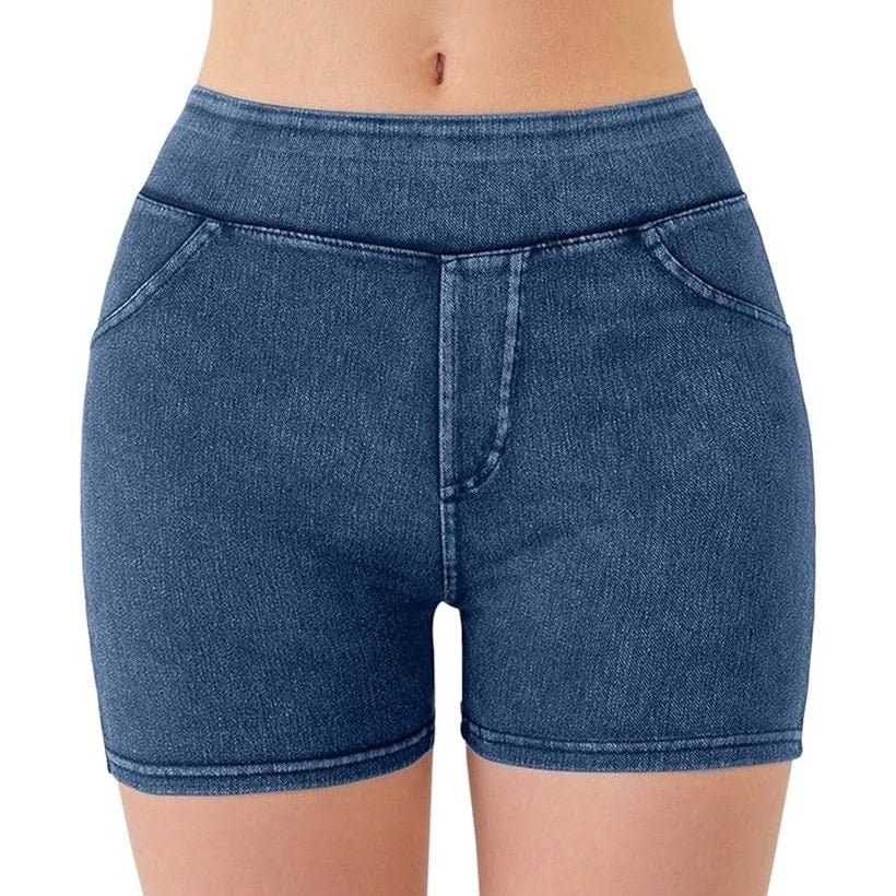 NWT ~ Women's Spandex Denim Blue Jean Look Activewear Shorts ~ Size LARGE