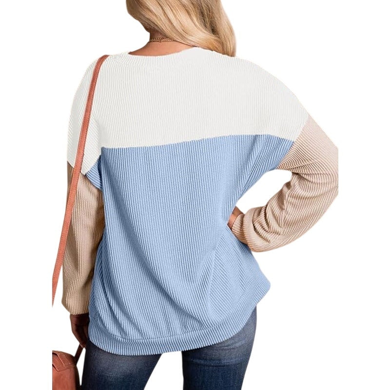 NWT ~ Blue & White Color Block Long Sleeve Pullover Crewneck Top ~ Women's XL