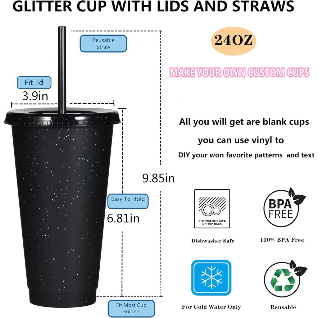 BRAND NEW ~ Set/5 ~ 24oz Black Glitter Reusable Plastic Tumbler Cup Straw & Lid