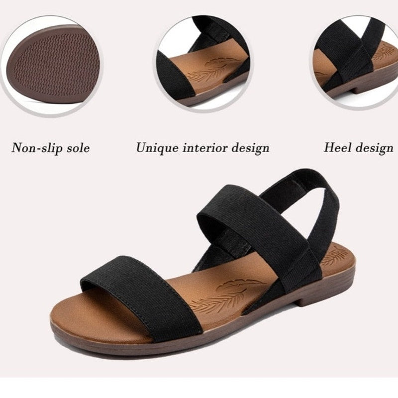 Black Flat Slide Casual Adjustable Elastic Strappy Double Bands Sandals ~ 11