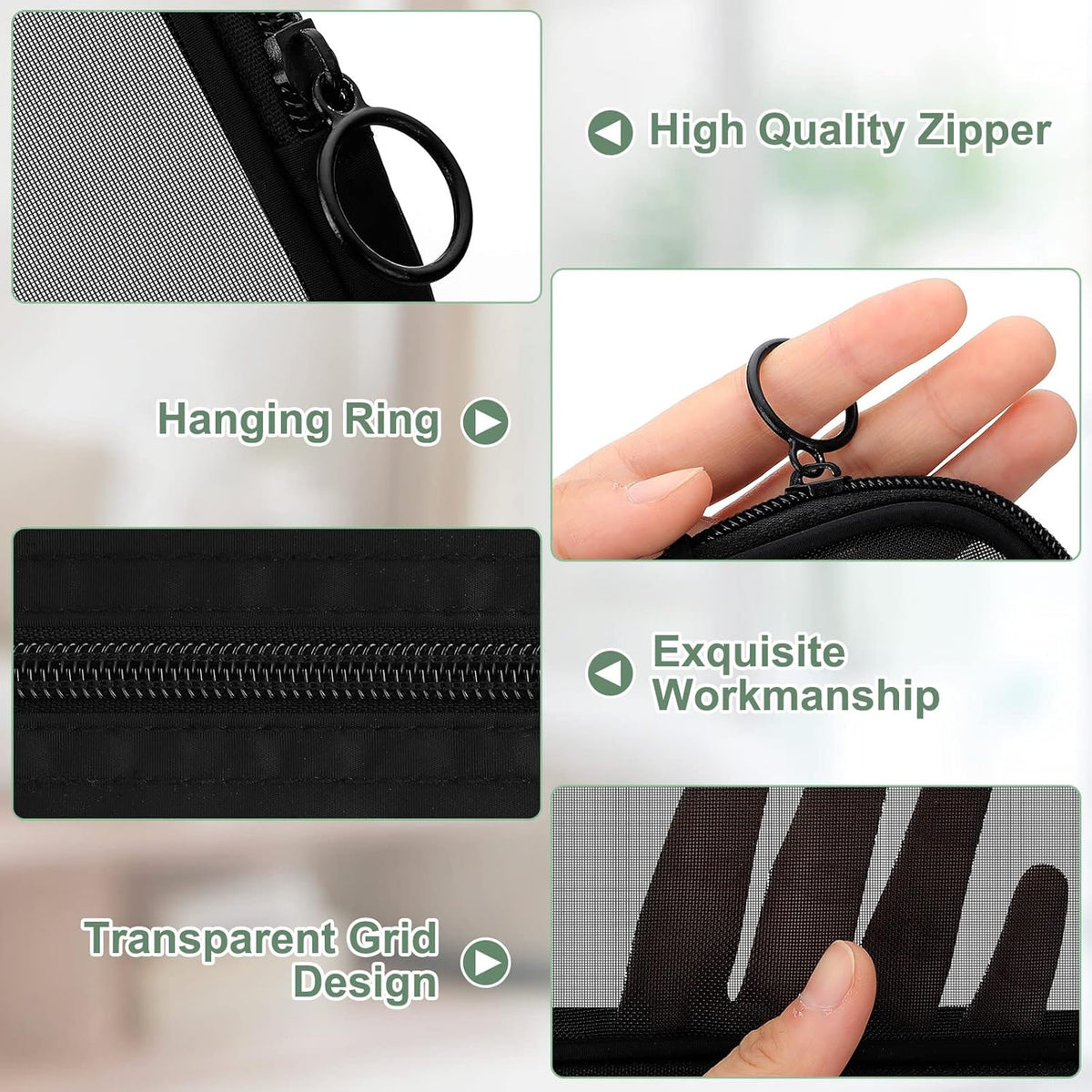 BRAND NEW ~ Set/4 Black Mesh Makeup Toiletries Zipper Travel Bags Luggage Pouch