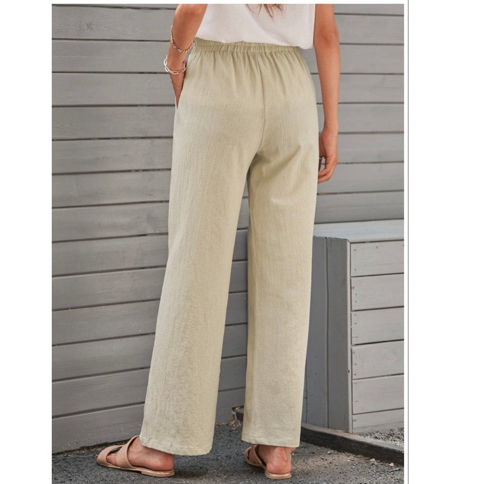 NWT ~ Khaki Straight Leg Drawstring Elastic Waist Casual Pants & Pockets ~ MED.