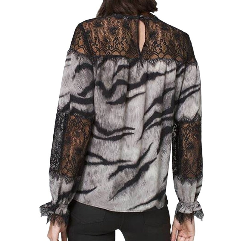 NWT ~ WHITE HOUSE BLACK MARKET Black Lace Yoke Tiger Blouse Boho WHBM ~ Size XS