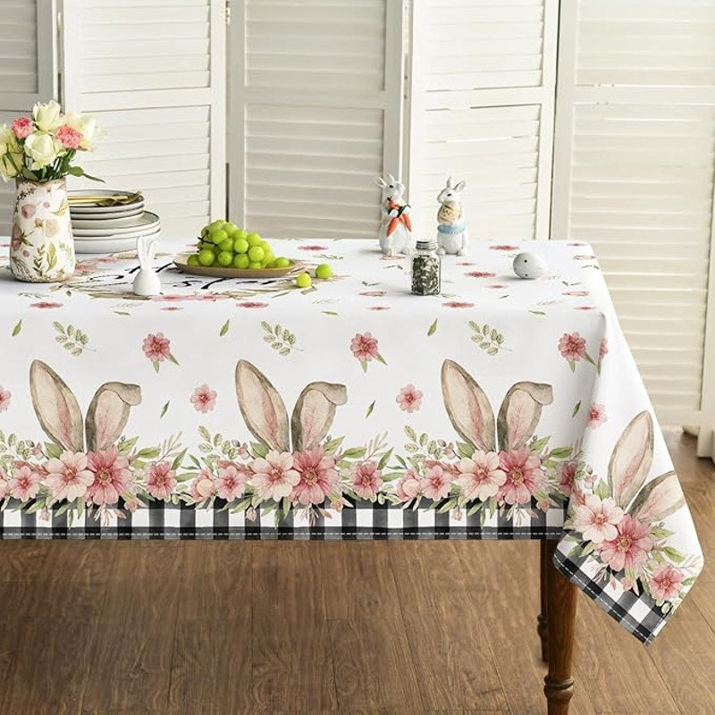 NWT ~ Farmhouse HAPPY EASTER Bunny Ears Flowers Buffalo Check Tablecloth 60 x 84