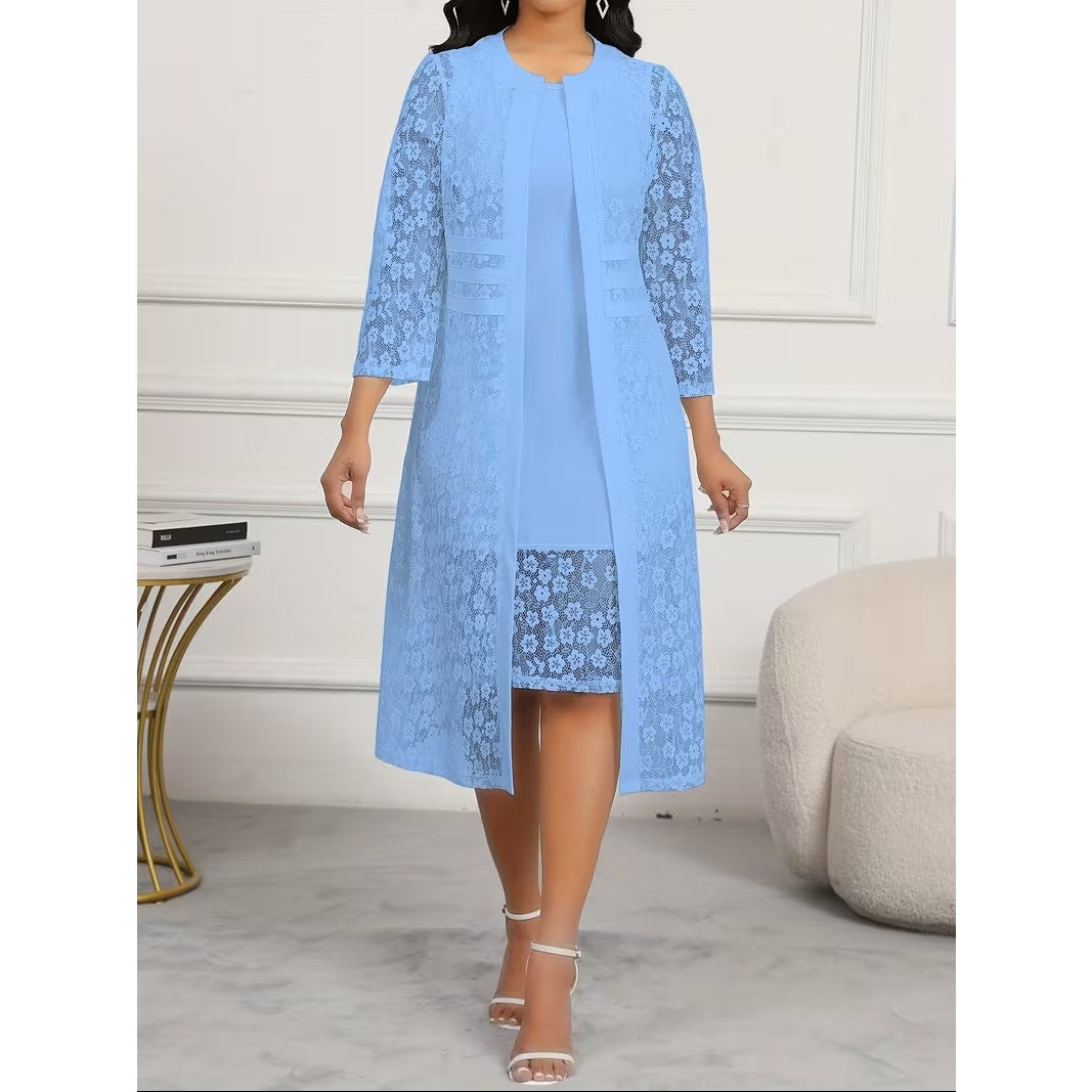 NWT ~ Lovely Sky Blue 2 Piece Dress Set & Lace Jacket ~ Women's Size Medium