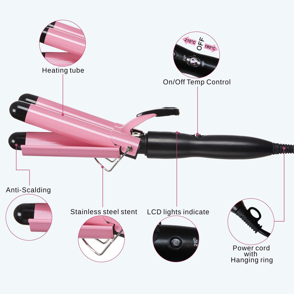 BRAND NEW ~ Pink 3 Barrel 1" Crimper Hair Curling Iron Tool Waver 2 Temp Setting