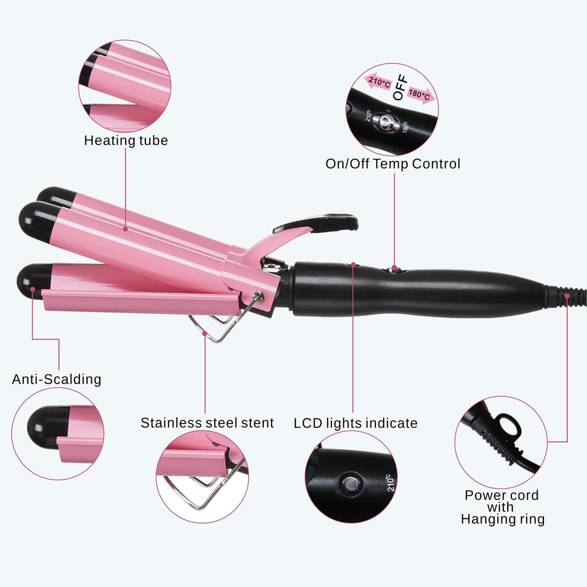 BRAND NEW ~ Pink 3 Barrel 1" Crimper Hair Curling Iron Tool Waver 2 Temp Setting