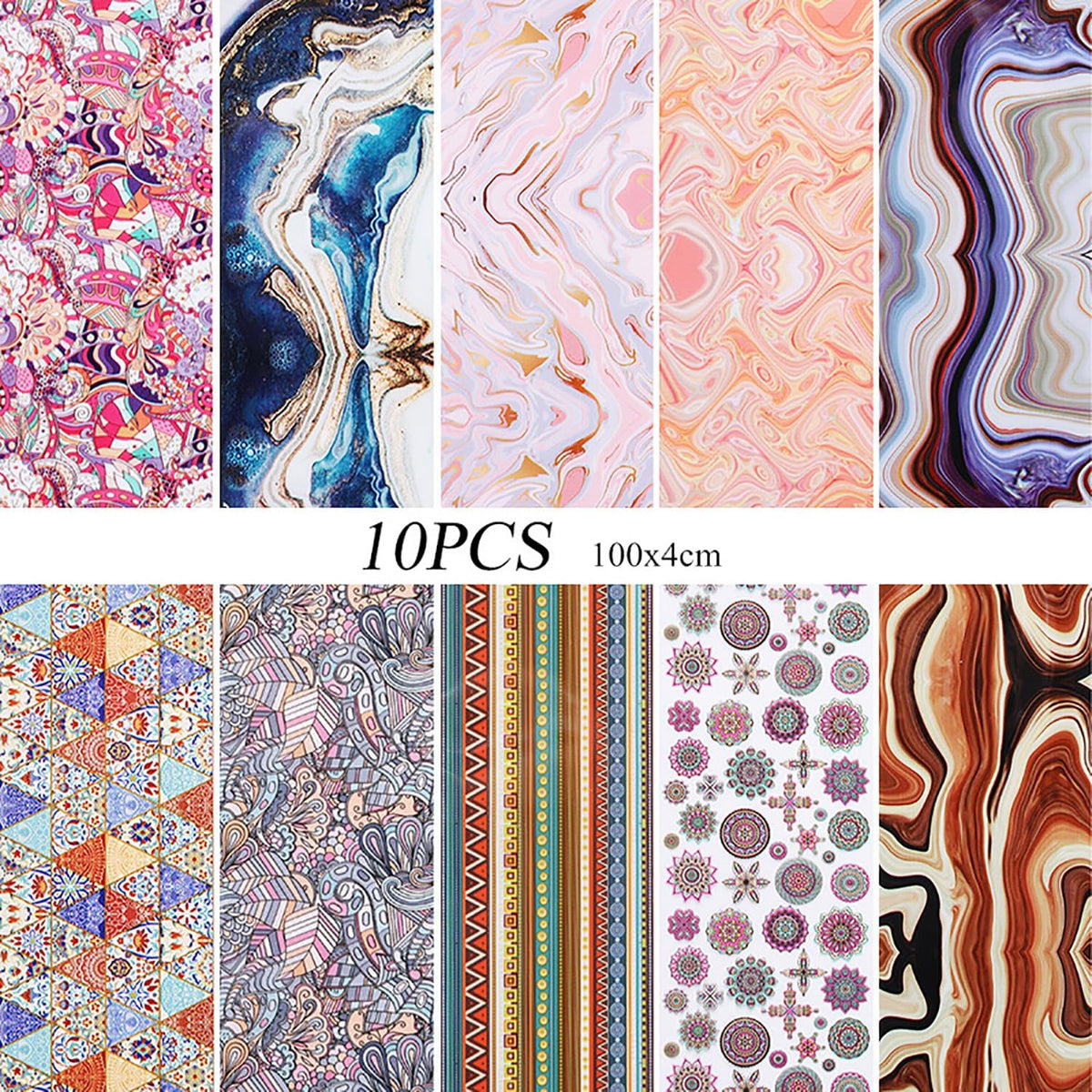 BRAND NEW ~ 10 Rolls Retro Nail Foil Holographic Paper Marble Transfer Decals