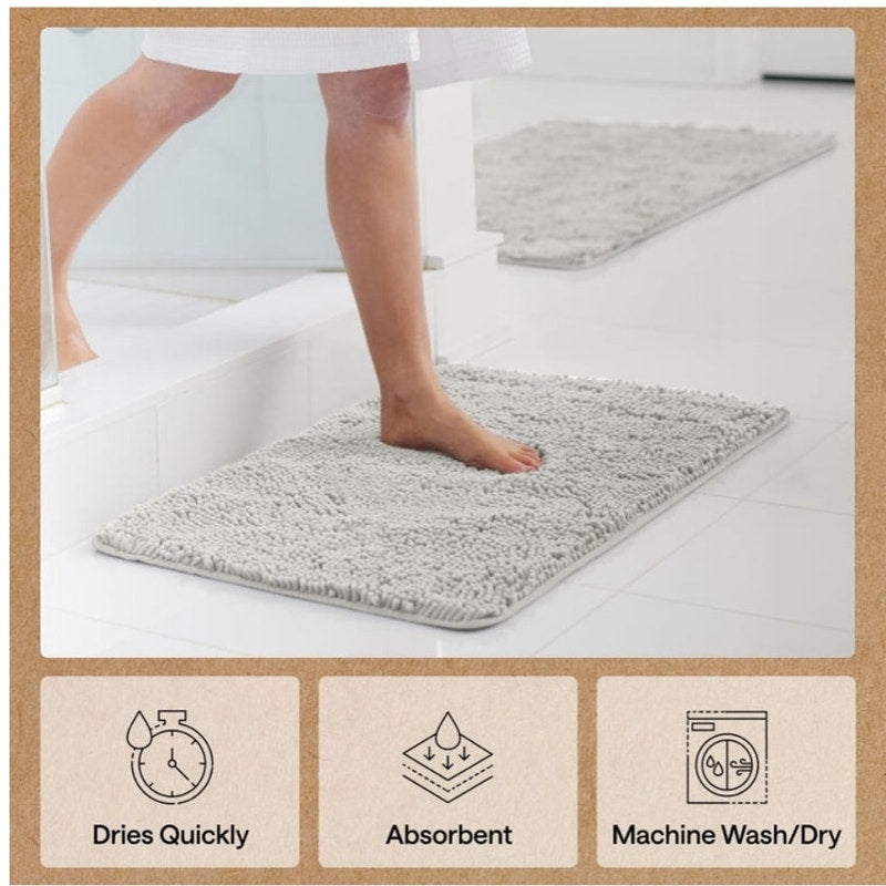 BRAND NEW ~ Gray Chenille Bath Rug Rubber Back Quick Dry Bathroom Mat ~ 24 x 17