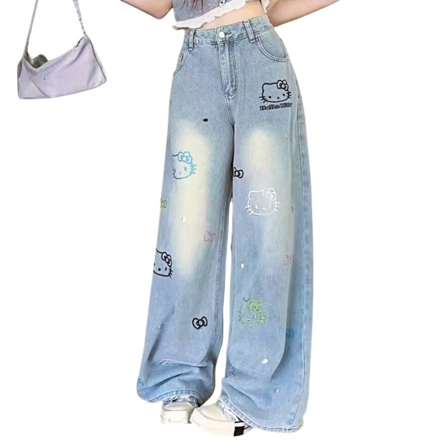 NWT ~ Women's Embroidered Hello Kitty Light Blue Denim Blue Jeans ~ Size XL