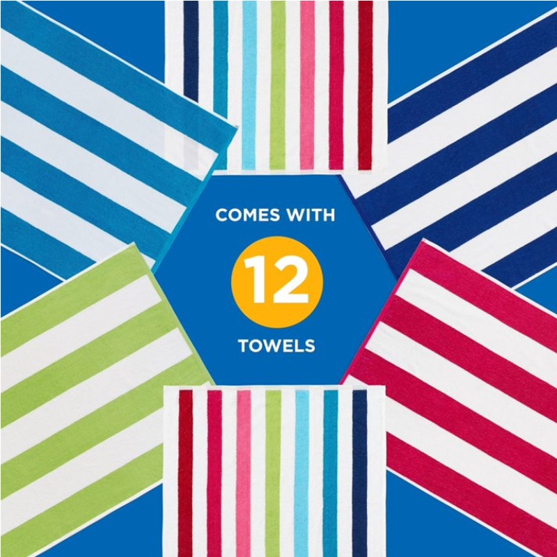 BRAND NEW ~ Set/12 Cabana Stripe Thick Cotton Terry Beach Pool Towel 60"x30"