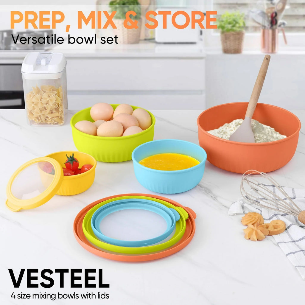 BRAND NEW ~ Set/8 Colorful Dishwasher Safe Plastic Nesting Mixing Bowls & Lids
