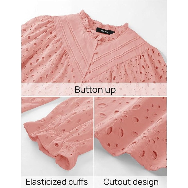 NWT ~ Pink Eyelet Long Sleeve Blouse ~ Lined & Feminine ~ Women's LARGE