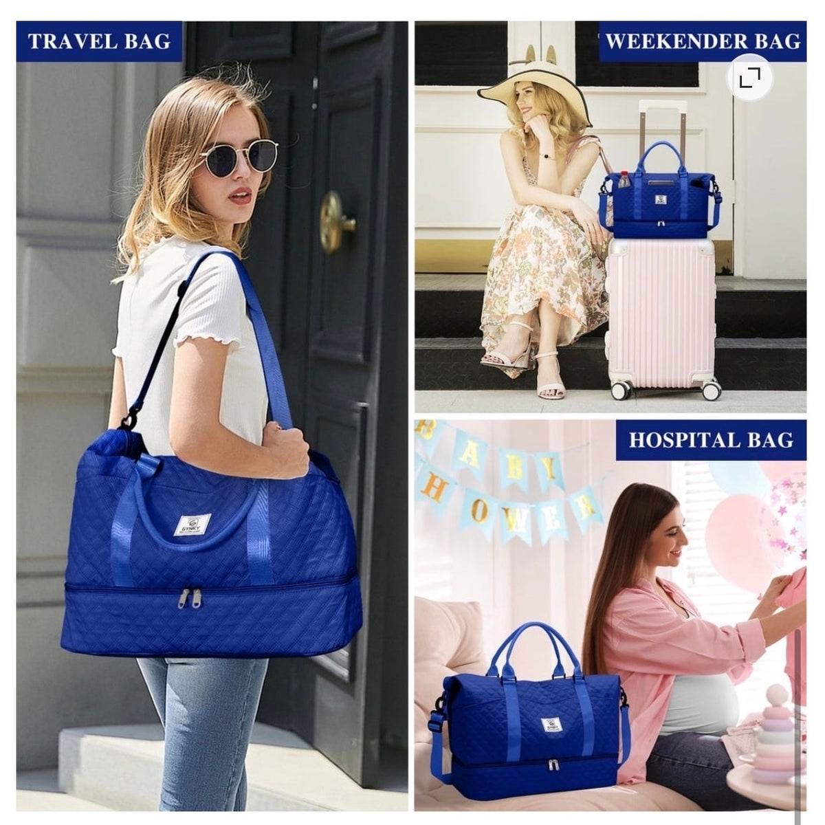 BRAND NEW Royal Blue Quilted Travel Overnight Duffle Bag Weekender & Wet Pocket