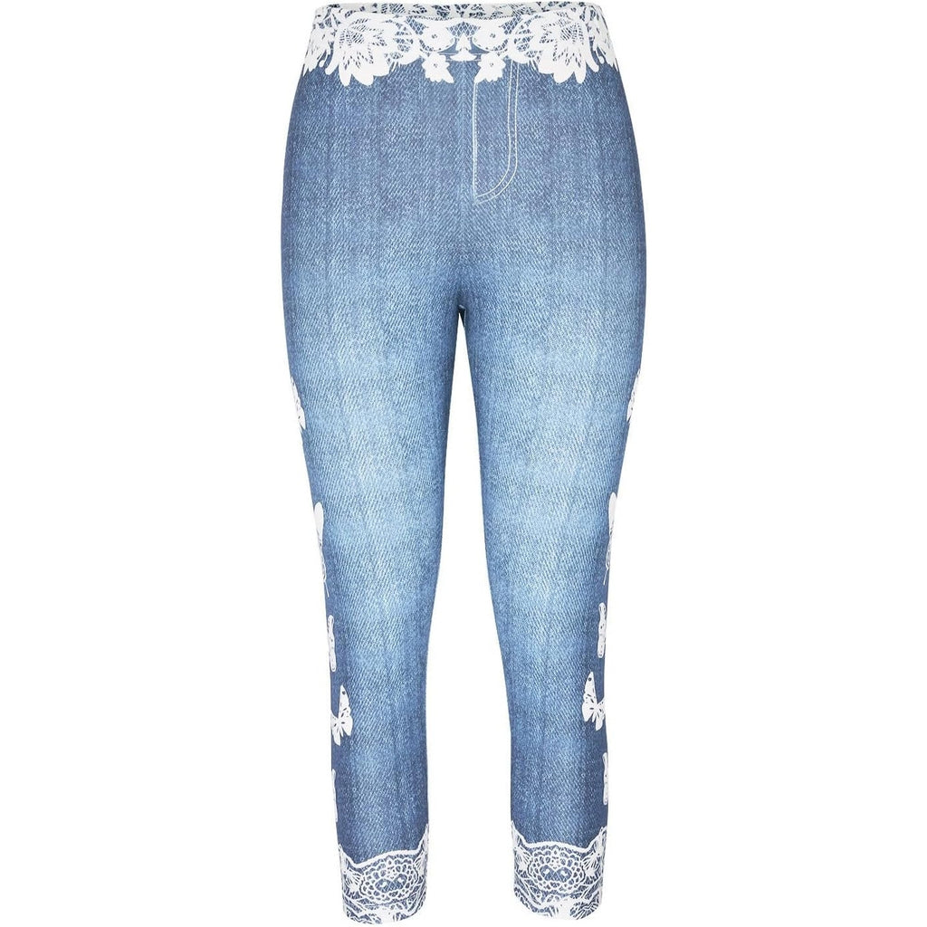 NWT ~ Women's Denim Look Blue & White Butterfly Capri Leggings ~ Size XL