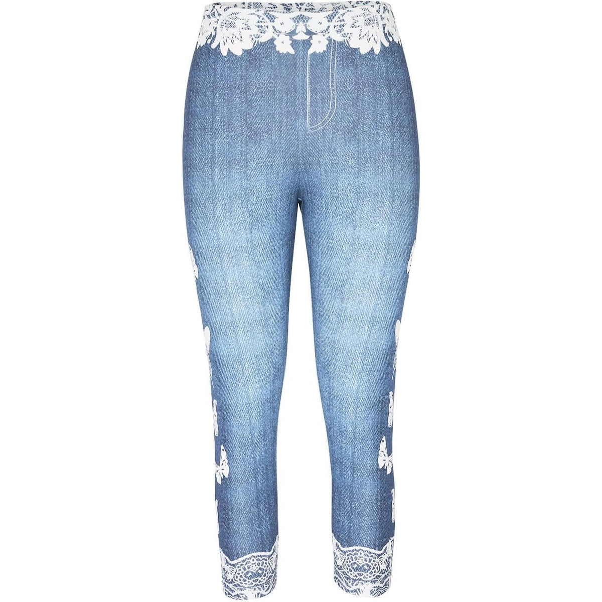 NWT ~ Women's Denim Look Blue & White Butterfly Capri Leggings ~ Size XL