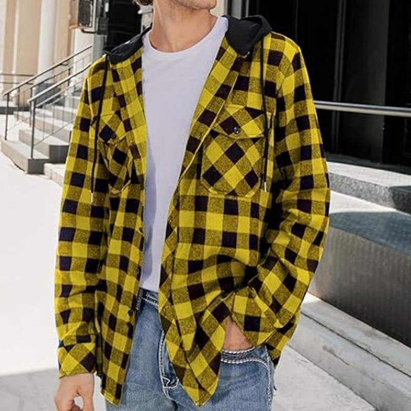 NWT ~ Men's Yellow & Black Cotton Flannel Long Sleeve Hoodie Button Shirt ~ 2XL