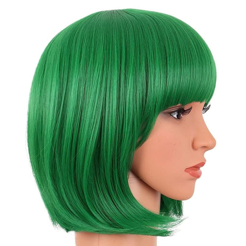 BRAND NEW ~ Bright GREEN 12" Short Straight Flat Bangs Bob Wig ~ Cosplay Costume