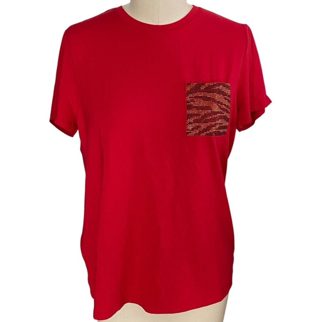 NWT ~ Calvin Klein Red Beaded Pocket T-Shirt ~ Women's Size LARGE