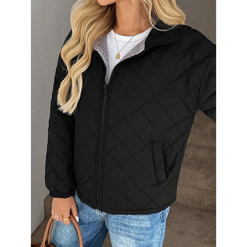 NWT ~ Women's Short Black Quilted Gray Fur Sherpa Lined Jacket Coat Plus Size 2X