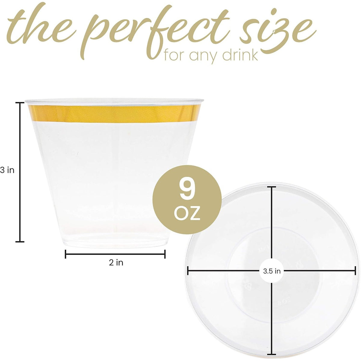 BRAND NEW ~ Set/200 ~ 9 oz Disposable Gold Rim Plastic Old Fashioned Party Cups