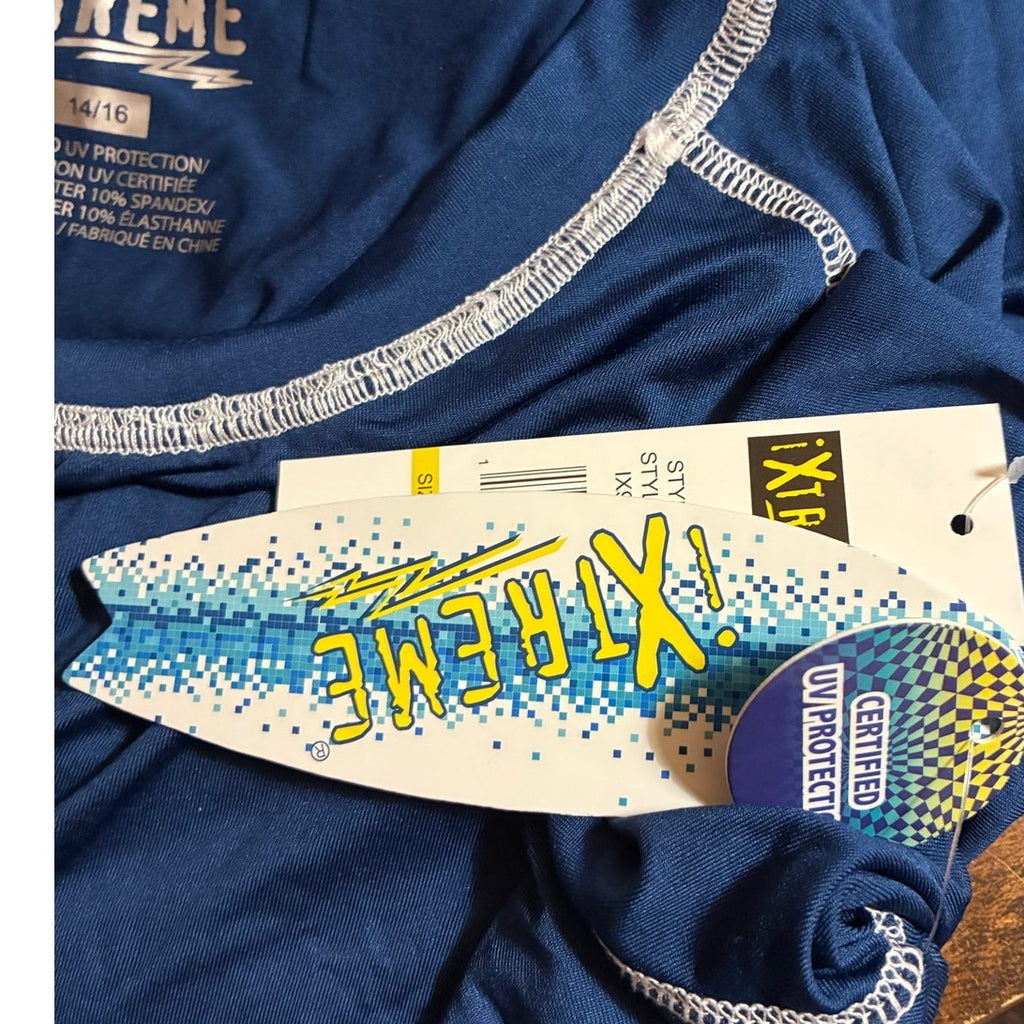 NWT ~ Children's Blue UV Protection Logo Graphic Long Sleeve Swim Top ~ 14/16