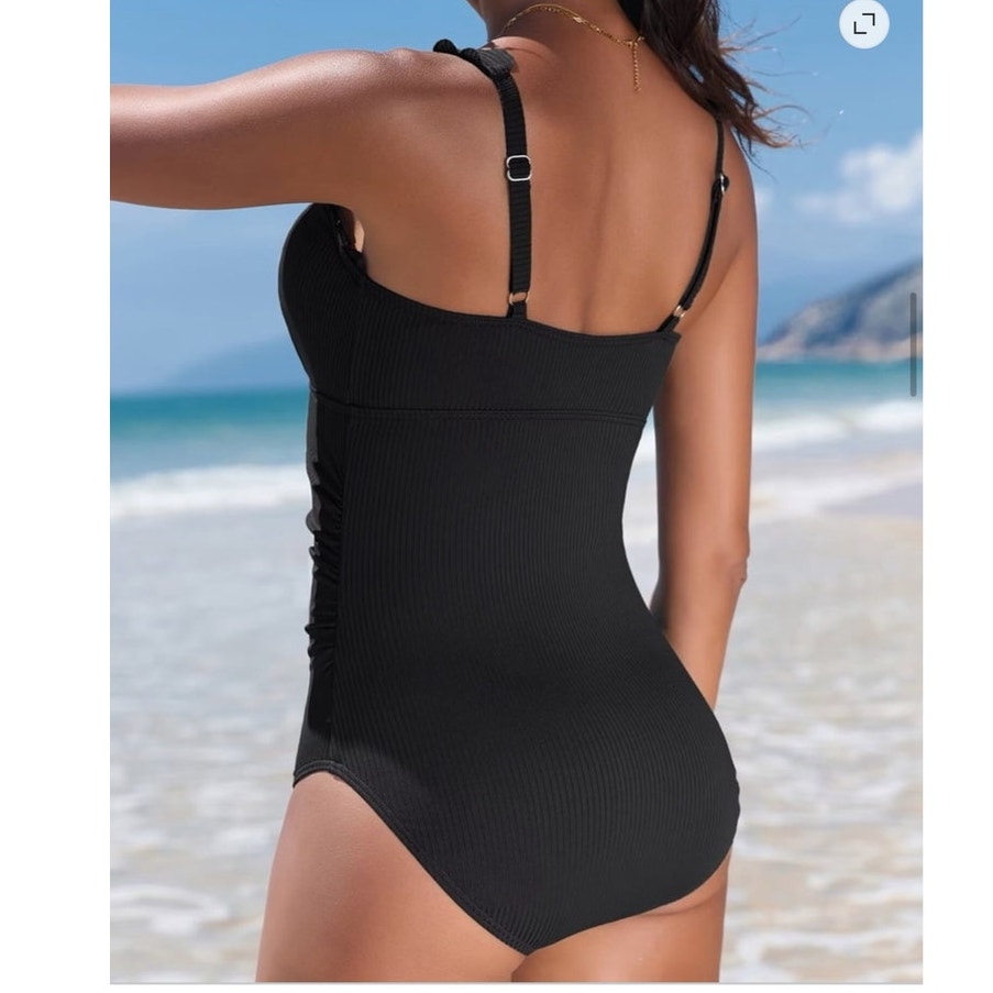 NWT ~ Black Scalloped Ribbed One Piece Tummy Control Button Down Swimsuit LARGE