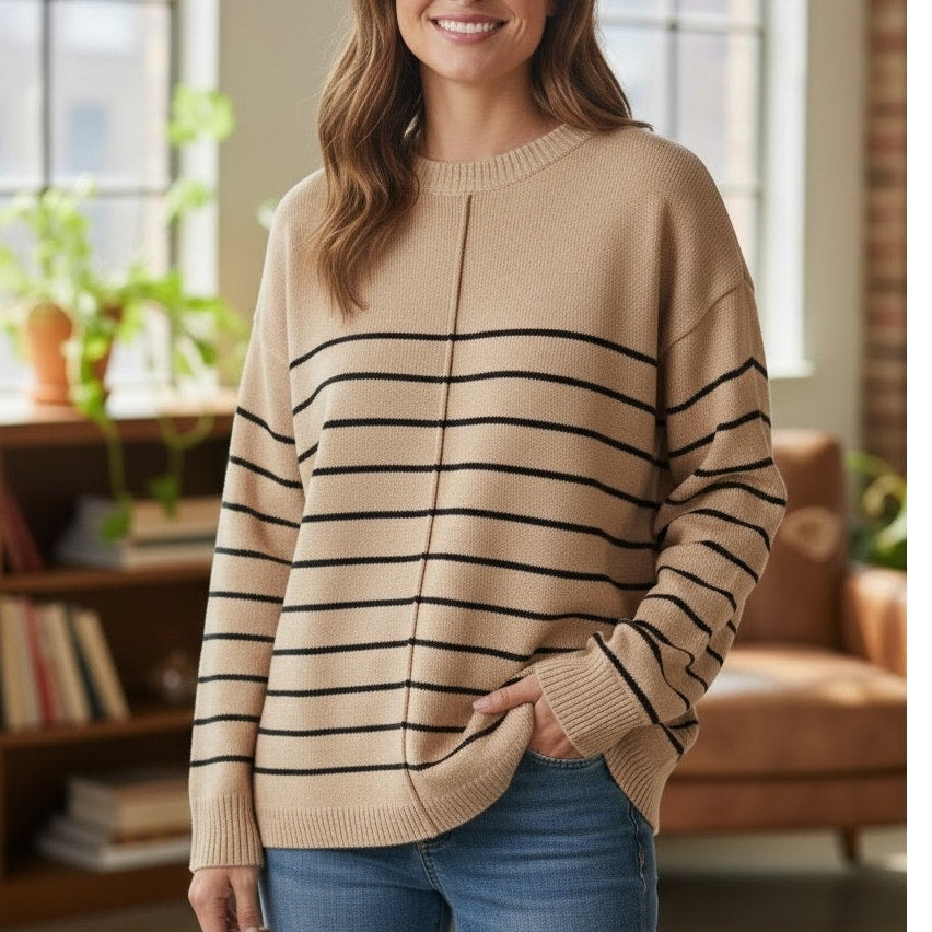 NWT ~ Women's Tan & Black Striped Crew Neck Casual Sweater ~ Size MEDIUM
