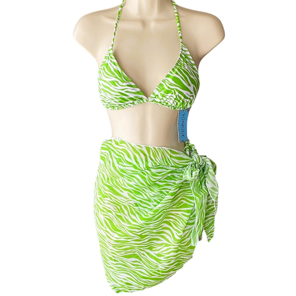 NWT ~ Set/3 Lime Green & White Zebra Drawstring Bikini Swimsuit & Sarong ~ LARGE