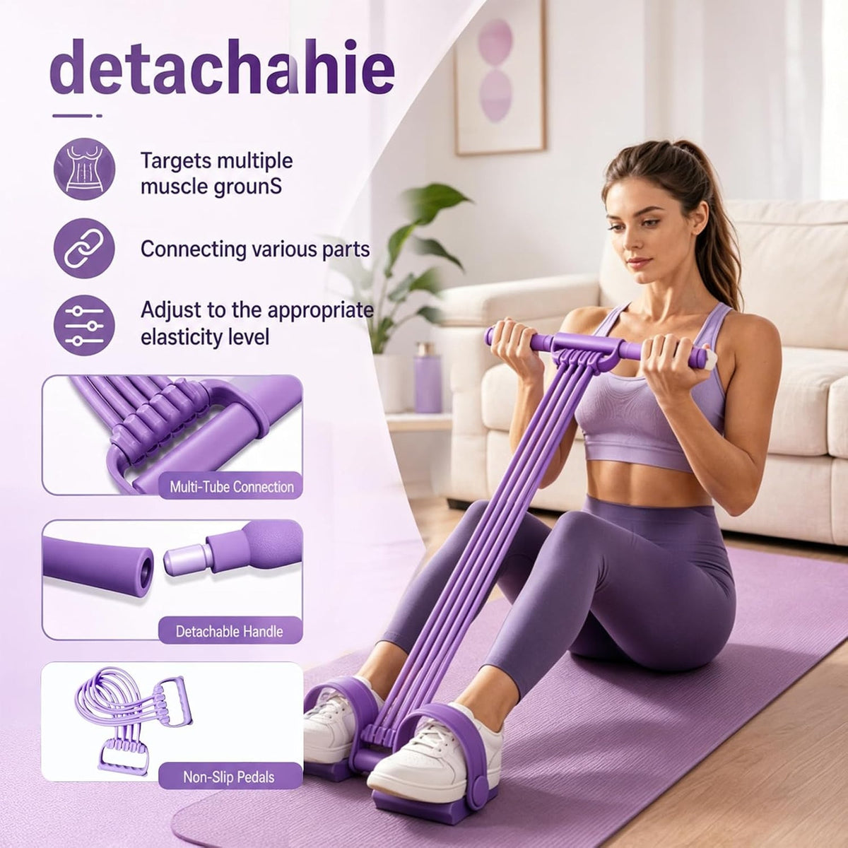 BRAND NEW Pink Portable 8 Tube 3-in-1 Exercise Pedal Resistance Band & Handle
