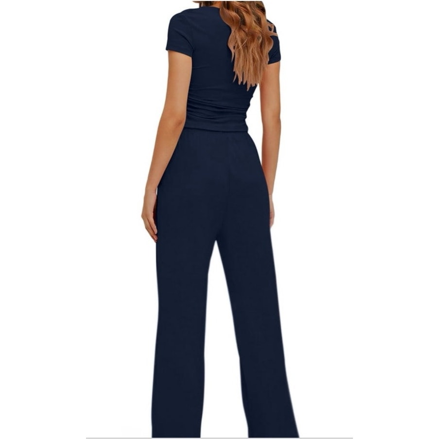 NWT Blue 2 Piece Summer Outfit Set Ruched Short Sleeve Top & Wide Leg Pants ~ L