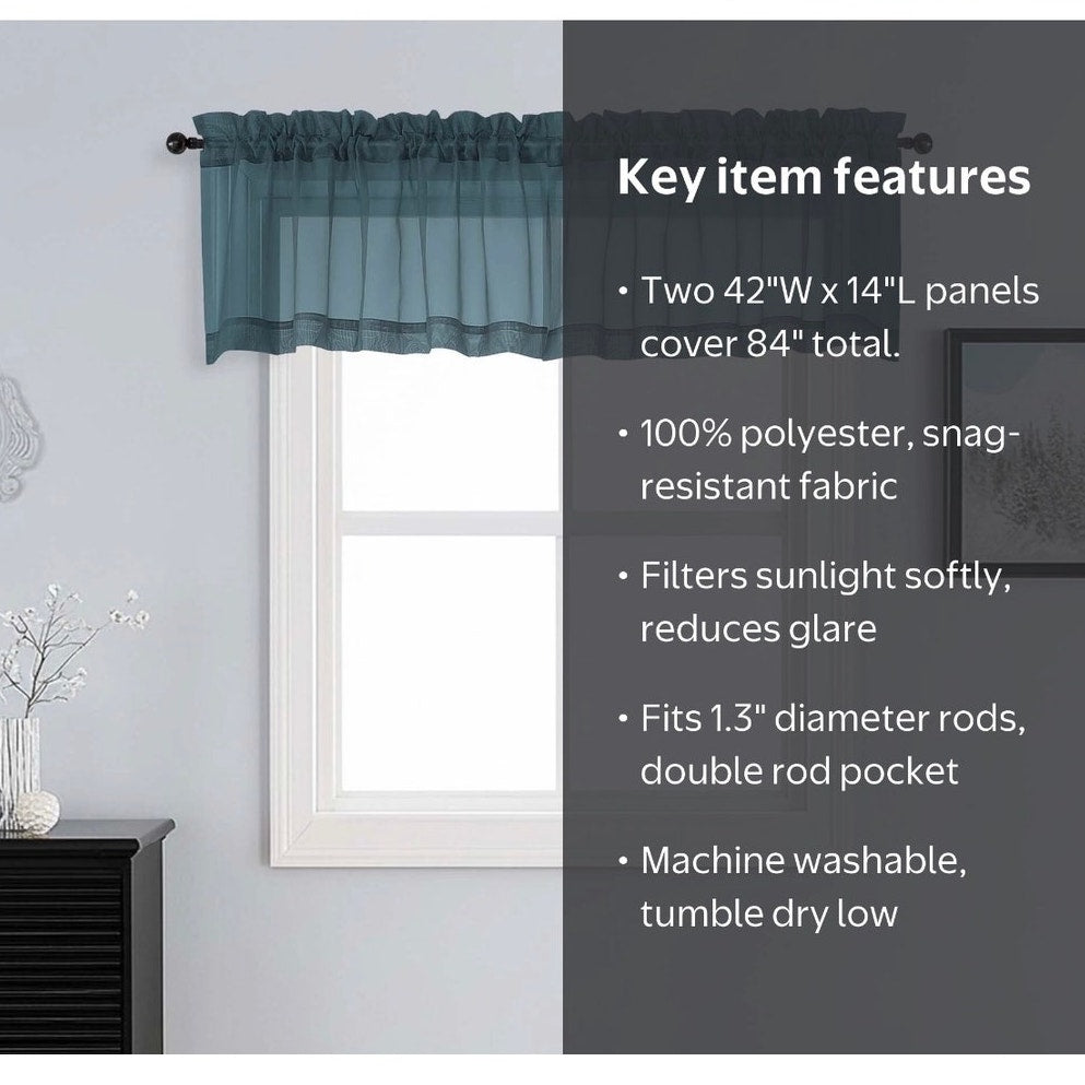 BRAND NEW ~ Set/2 Dusty Blue Sheer Curtain Valances with Rod Pockets ~ 42W x 14L