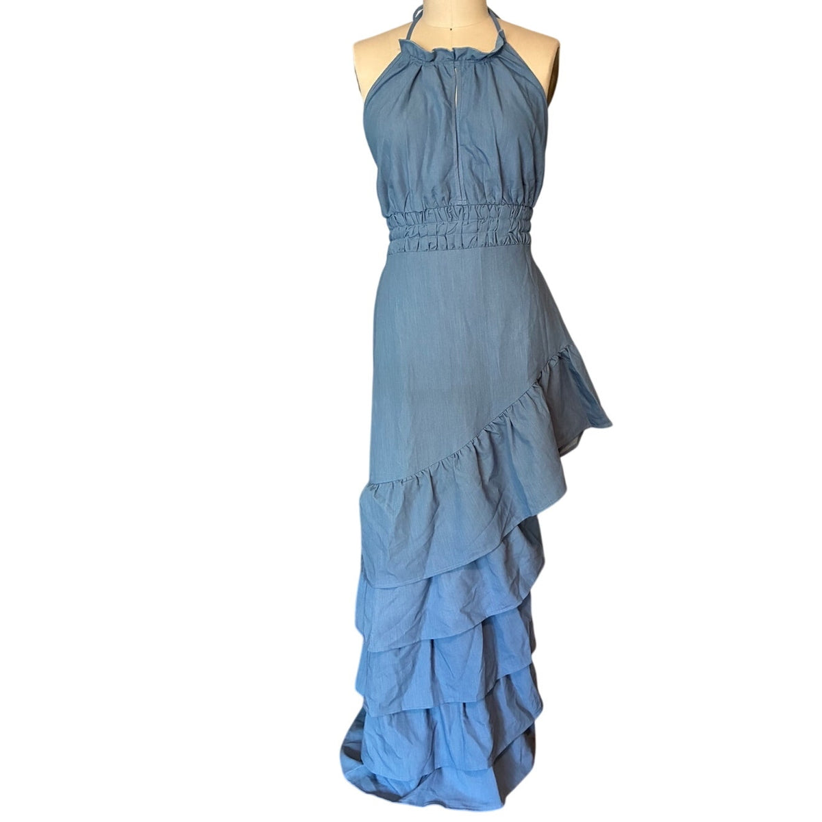 NWT ~ Women's Sexy Blue Ruffled Backless Halter Maxi Beach Dress ~ Size XL
