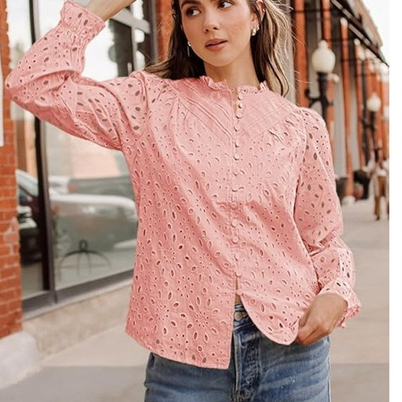 NWT ~ Pink Eyelet Long Sleeve Blouse ~ Lined & Feminine ~ Women's LARGE