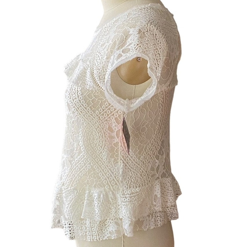 NWT ~ Ivory Lace Boho Raw Edge Crochet Concrete Garden Collection Top ~ LARGE