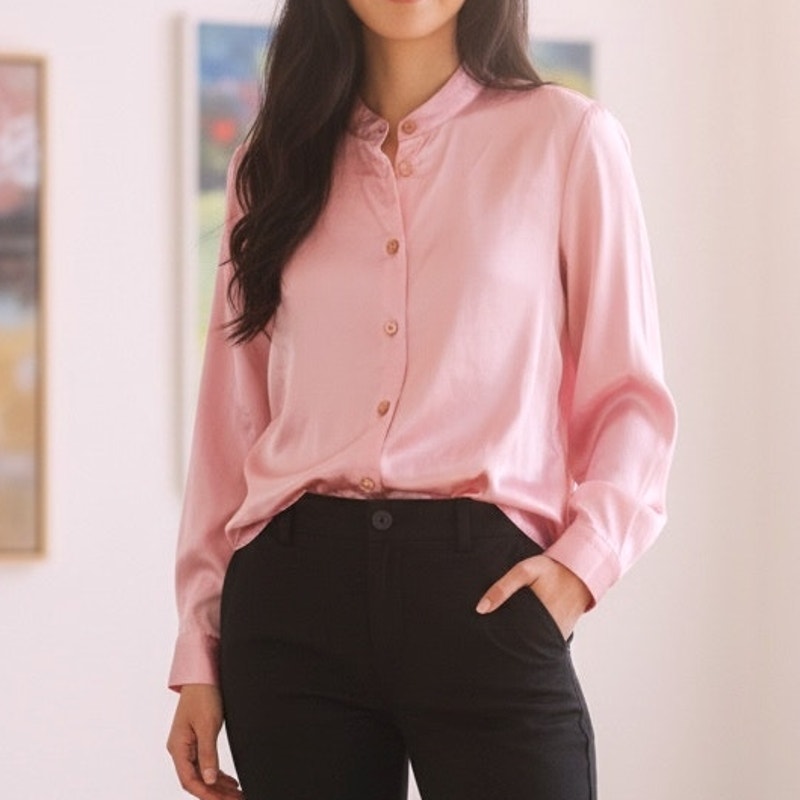 NWT ~ Women's Light Pink Satin Mandarin Collar Blouse ~ Size XL