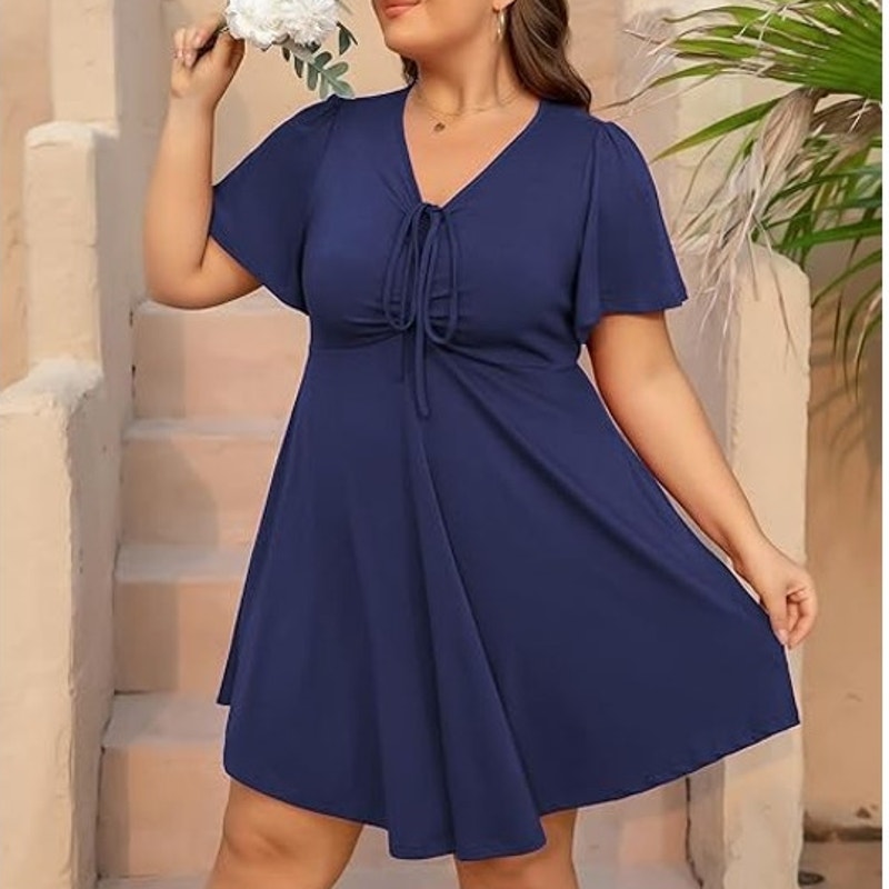 NWT ~ Navy Blue Ruched Tie Front Flowy Skirt Cap Sleeves Mini Dress ~ Womens XL