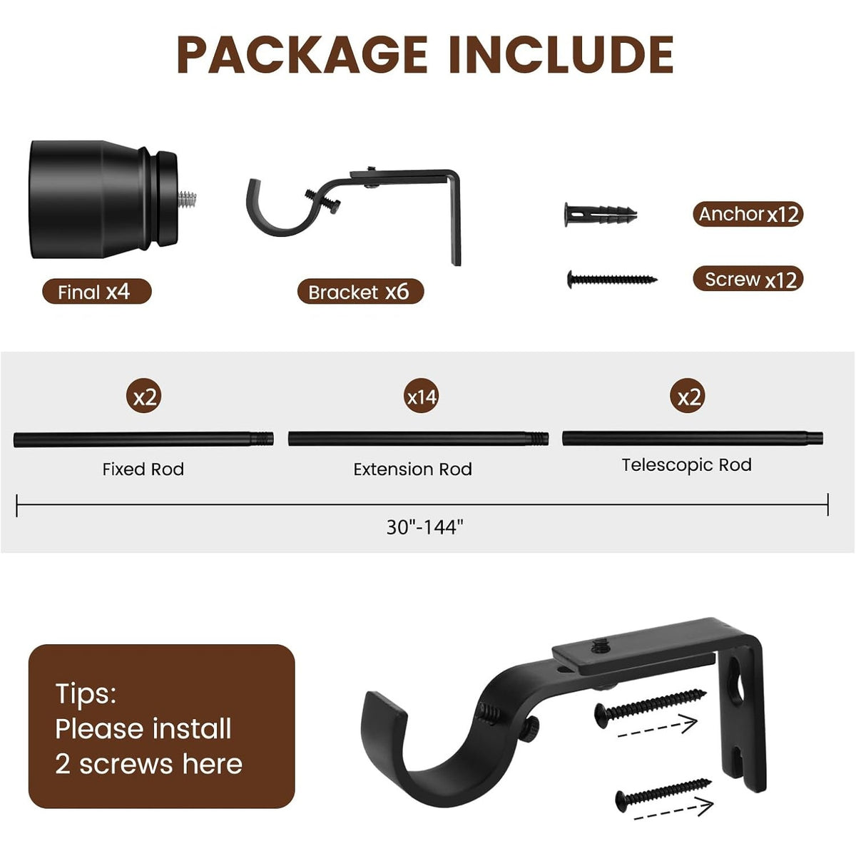 BRAND NEW ~ Set/2 Matte Black Heavy Duty Adjustable Curtain Rods 30-144"
