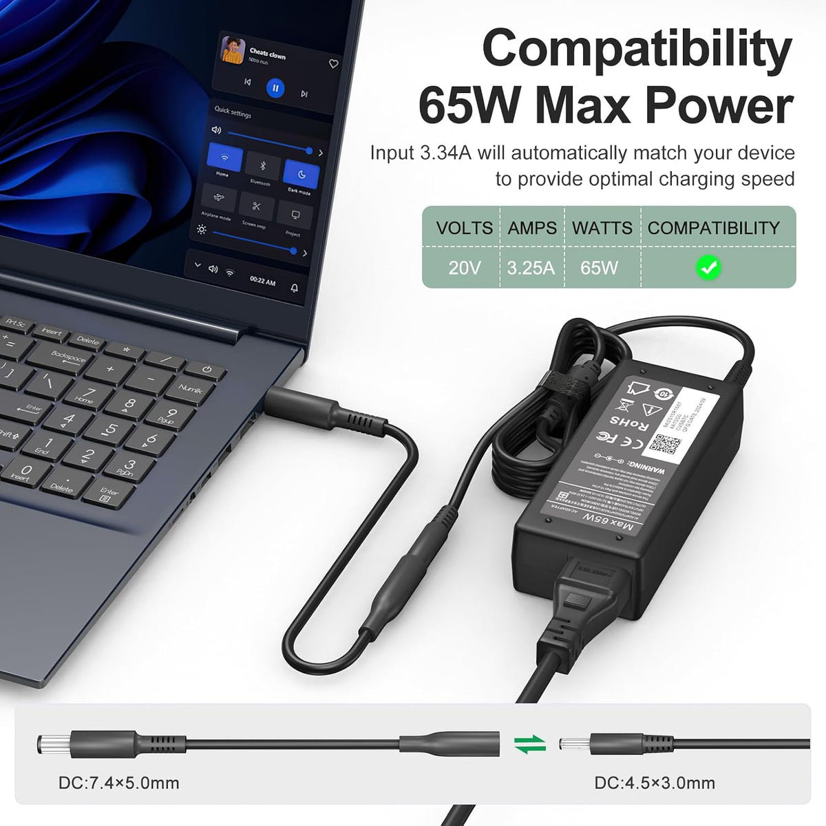BRAND NEW ~ 65W Dell Laptop Charger AC Adapter for Inspiron & Vastro Series