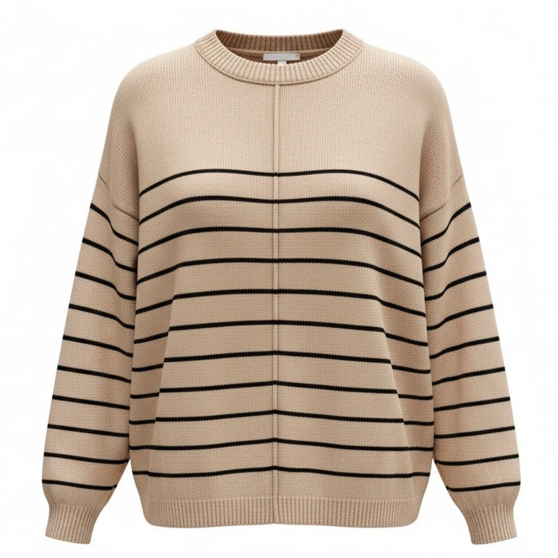 NWT ~ Women's Tan & Black Striped Crew Neck Casual Sweater ~ Size MEDIUM