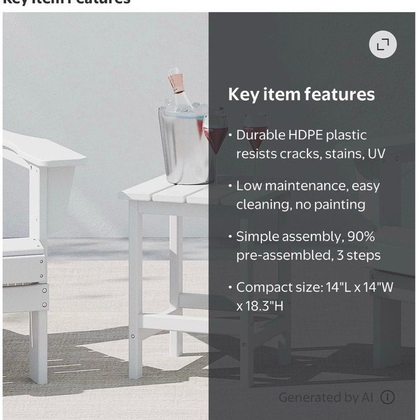 BRAND NEW ~ White Outdoor All Weather Poly Lumber Adirondack Square End Table