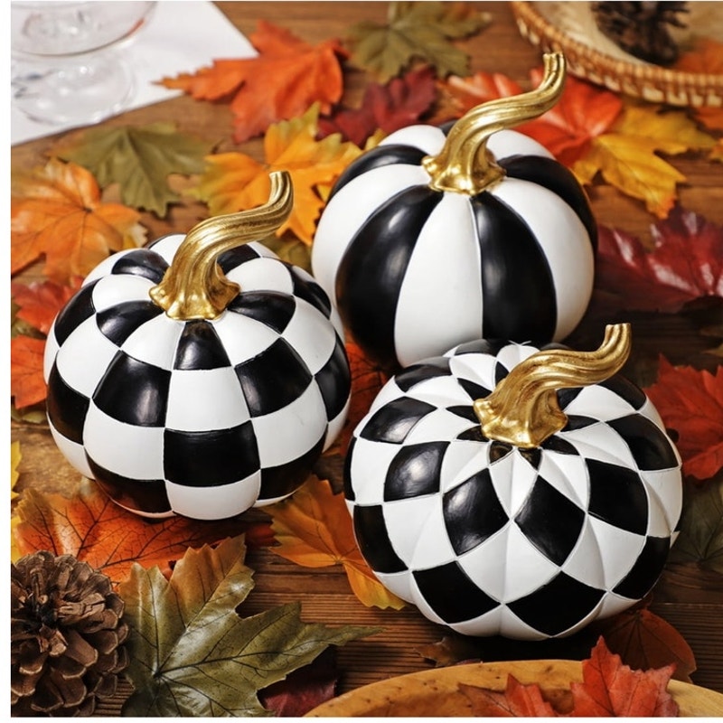 BRAND NEW ~ Set/3 Halloween Black & White Resin Pumpkins Gold Autumn Stems