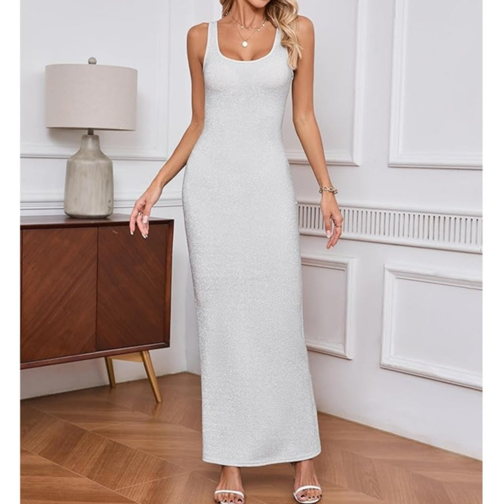 NWT ~ Sexy Metallic Silver Gray Backless Bodycon U Neck Tank Stretchy Dress ~ SM