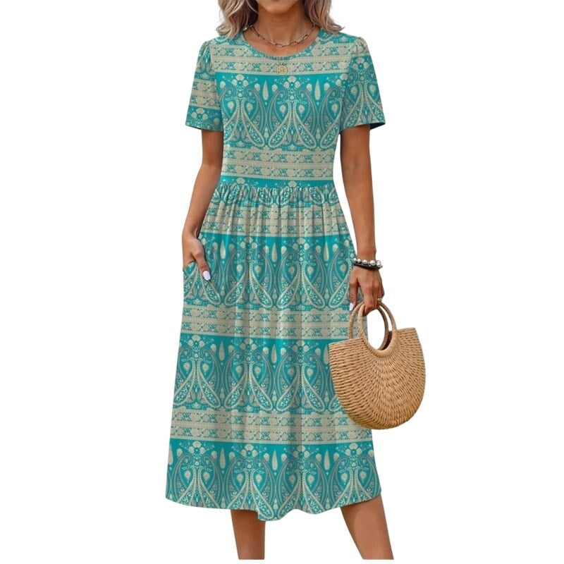 NWT ~ Women's Green & Beige Summer Casual S/S T-Shirt Midi Beach Dress ~ MEDIUM