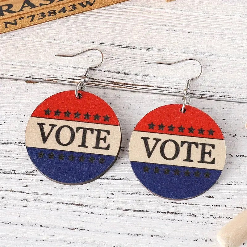NWT ~ VOTE Lightweight Dangle Red White Blue Stars Stripes Round Wooden Earrings