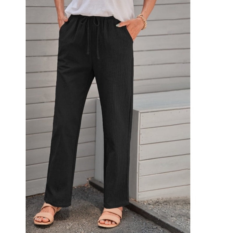 NWT ~ Women's Black Cotton Casual Straight Leg Drawstring High Waist Pants ~ M
